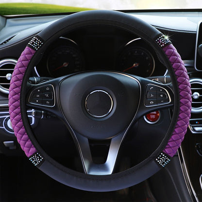 Four Seasons Universal Car Steering Wheel Cover 37-38cm Leather Embroidered Color Diamond-Studded Elastic Steering Wheel Cover