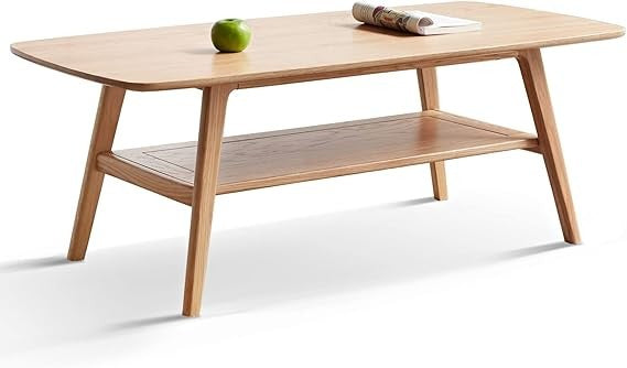 Wood Coffee Table - 2-Tier Oak Coffee Table - Modern Center Coffee Table with Storage Shelf for Living Room, Apartment, and Offi