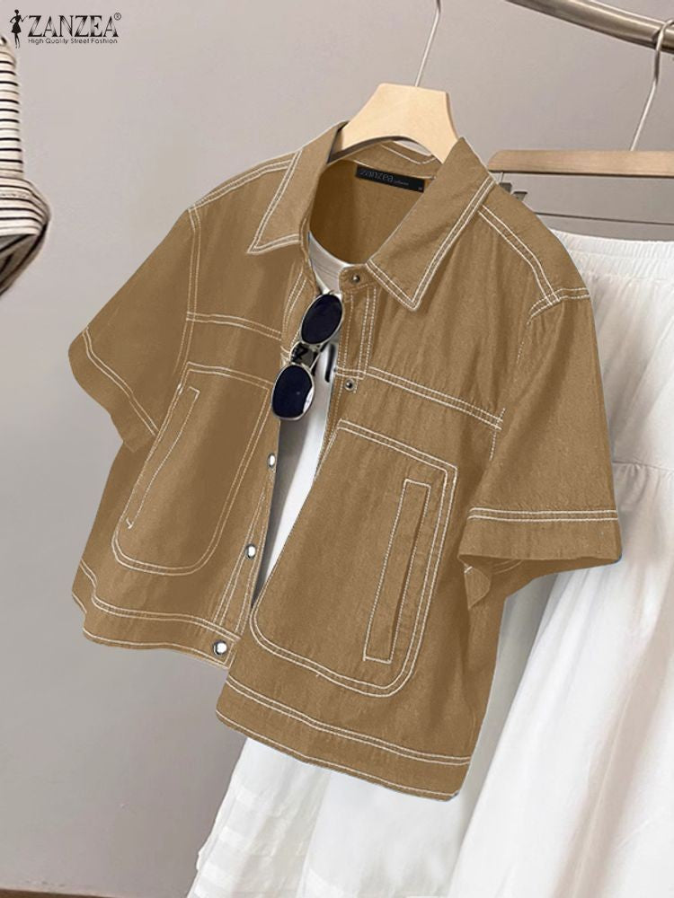 ZANZEA Women's Denim-Like Contrast-Stitch Shirts 2025 Fashion Turn-Down Collar Short Sleeve Button Up Shirt Streetwear Woman Top