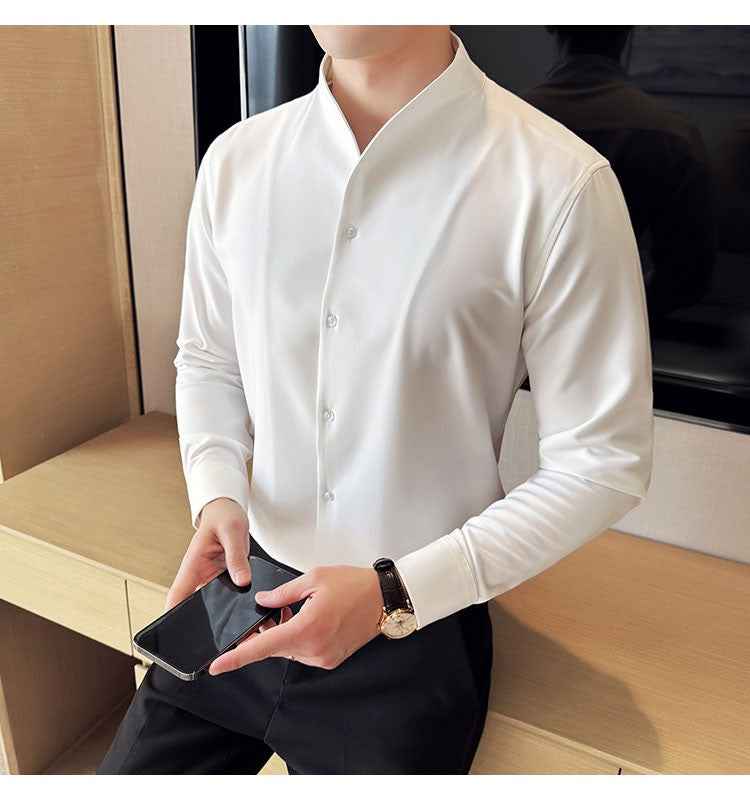 Advanced Sexy V-neck Men's Long Sleeved Shirt Designer Stand Up Collar Shirt Business Social Slim Fit Black and White Top