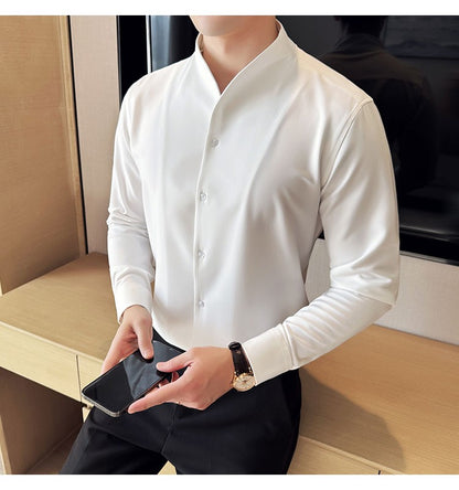 Advanced Sexy V-neck Men's Long Sleeved Shirt Designer Stand Up Collar Shirt Business Social Slim Fit Black and White Top