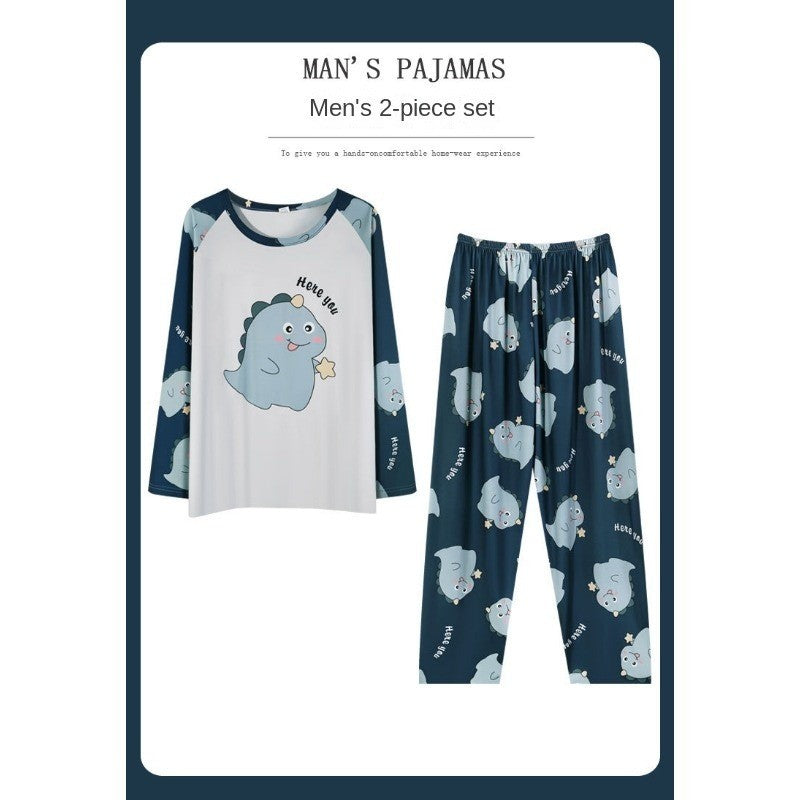 Pajamas Set of Men Cotton Long-Sleeved Simple Cartoon Dinosaur Sleepwear Homewear Students Two-Piece Nightwear Loungewear