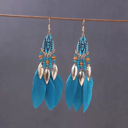 Brincos femininos longos de pena estilo boho, praia, com borla longa, miçangas, flores artesanais esmaltadas, para noiva, casamento, Pendientes Mujer