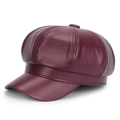 Winter Black PU Leather Hat for Women Vintage Hip Hop Trucker Cap Fashion Casual Beret Octagonal Hat