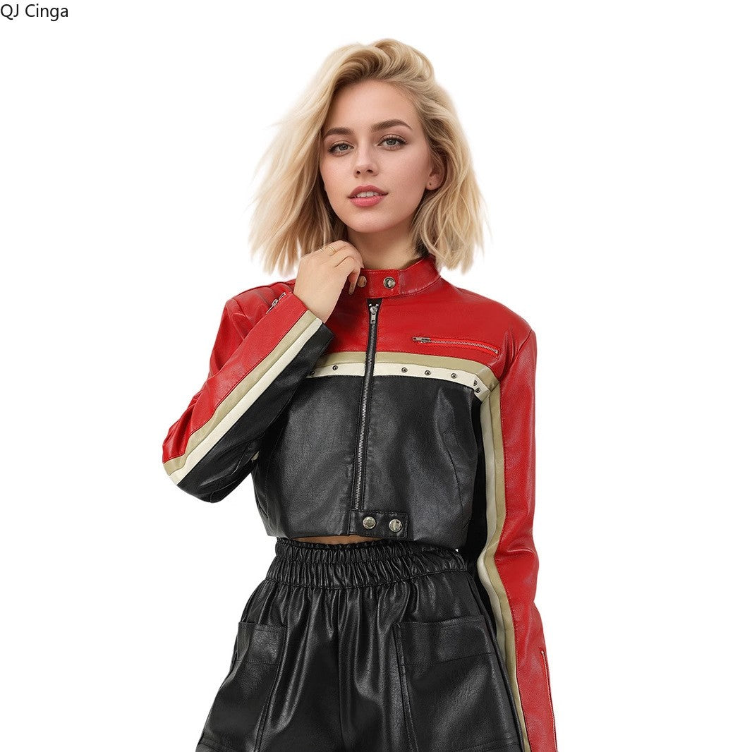New Fall Women's Red Long-Sleeve Faux Leather Jacket, Short-Length Fashionable Biker PU Coat.