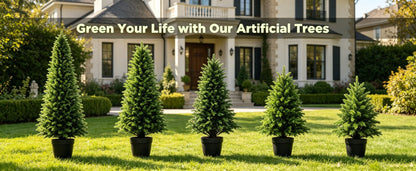 2/3/4/5/6FT Artificial Topiary Cedar Trees UV-Resistant Faux Evergreen Outdoor Indoor Plants Black Pot Faux Cedar Topiary Plants Christmas Trees for Front Porch Entryway & Patio Xmas Decor