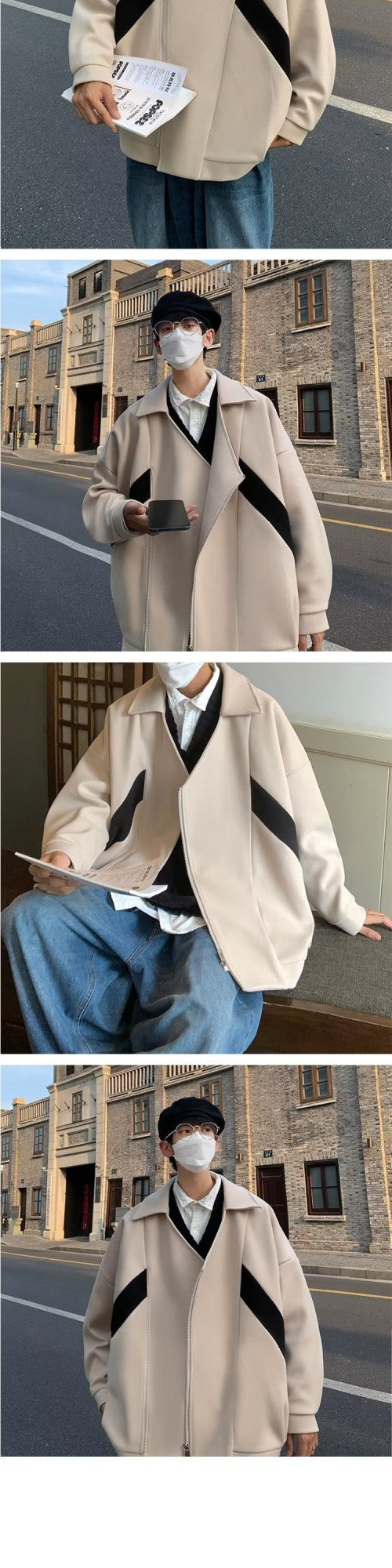 Commuting style Harajuku Cropped Overcoat Vintage British Style Men's Autumn Winter High Street Fashion Style Jacket Fashion