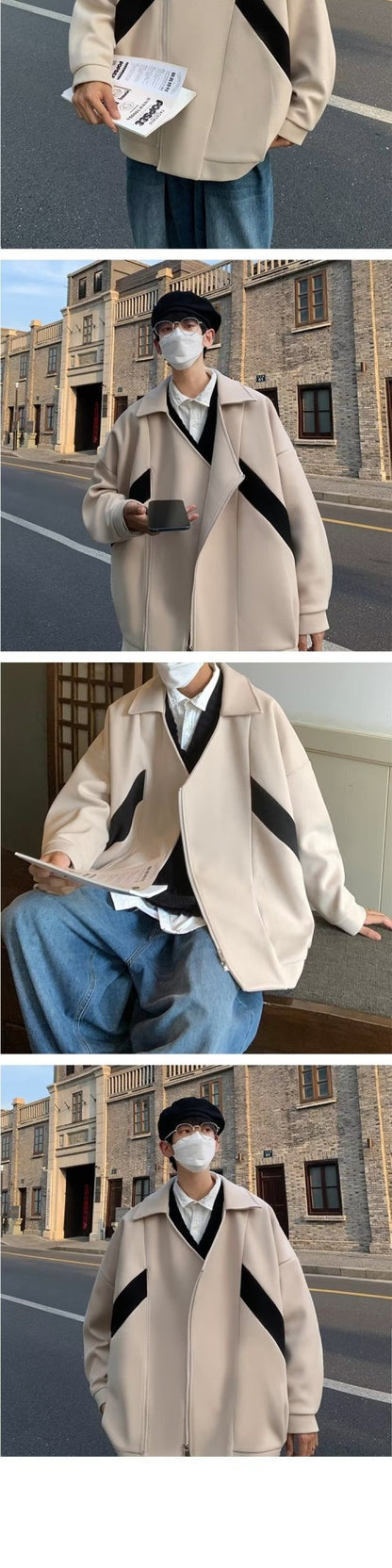 Commuting style Harajuku Cropped Overcoat Vintage British Style Men's Autumn Winter High Street Fashion Style Jacket Fashion