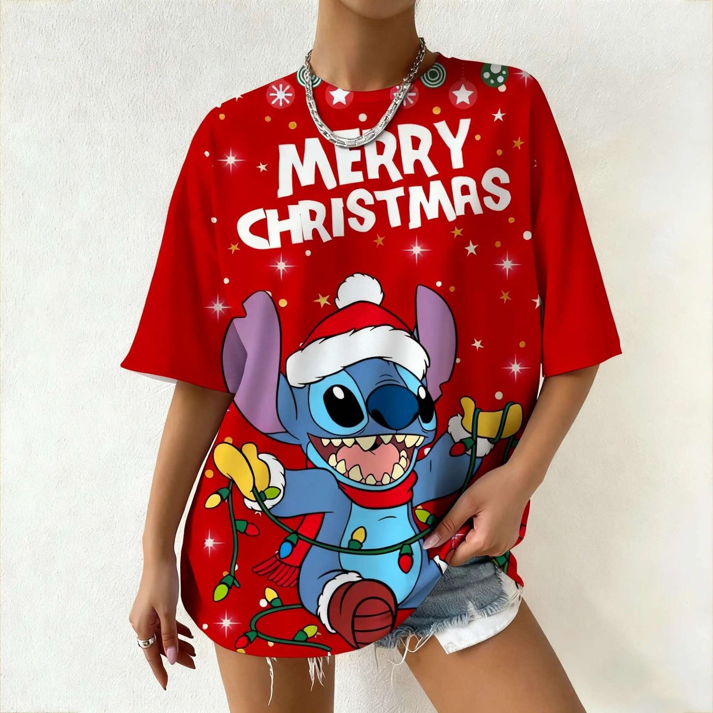 Women's Disney Stitch Christmas Tee Summer Oversized Short Sleeve Top Streetwear Daily Fashion & Trendy Outfits Casual T-Shirt