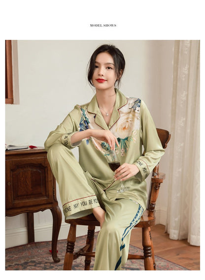 Lightweight Long-Sleeve Silk Pajamas Set for Young Girls French-Style Casual Homewear Nightwear Women's Comfortable Sleepwear