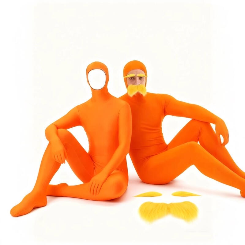 Adult Orange Zentai Bodysuit Open Face Skin Tight Jumpsuit with eard Eyebrow Halloween Cosplay Costume Unisex Full Coverage