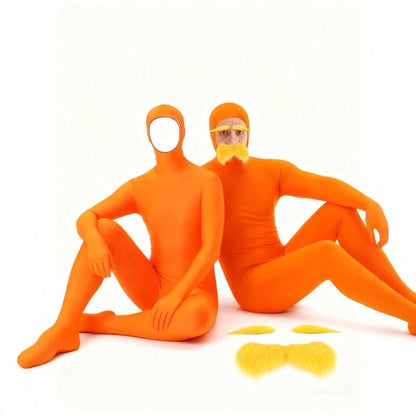 Adult Orange Zentai Bodysuit Open Face Skin Tight Jumpsuit with eard Eyebrow Halloween Cosplay Costume Unisex Full Coverage
