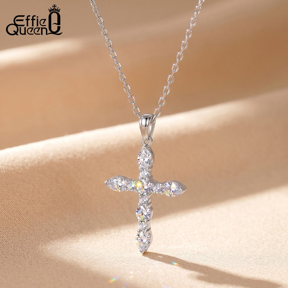 EFFIE QUEEN S925 Sterling Silver Moissanite Cross Necklace GRA Certificate D VVS1 Diamond Cross Pendant Neck Chain Women SMON15