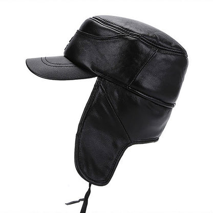 2025 New Style Men Ear Flap Genuine Leather Hat Winter Vintage Baseball Caps Thicken Warmer Flat Hats Fashion Real sheepskin Cap