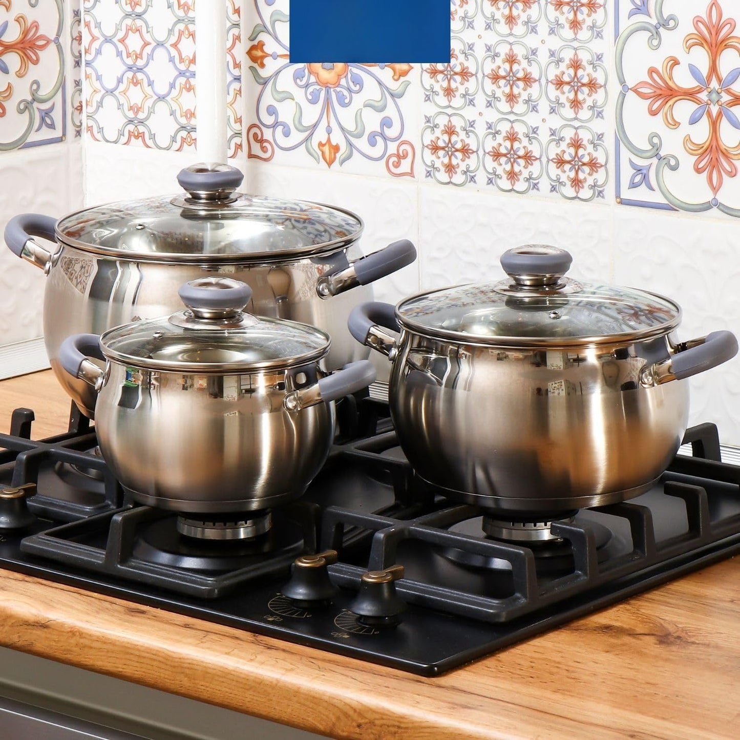 Conjunto de Panelas de Indução Moderno em Aço Inox com 6 Peças – Panelas Próprias para Lava-Louças com Alças Antitérmicas, Tampas de Vidro, Prateado