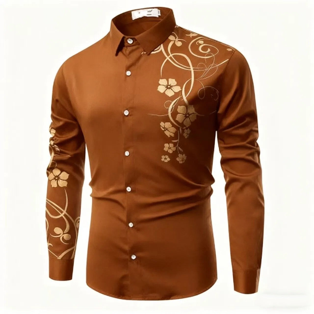 2025 Luxury Gold Flower European and American Popular Printed Long Sleeve Shirt for Luxury Parties Wearing Button Up Top