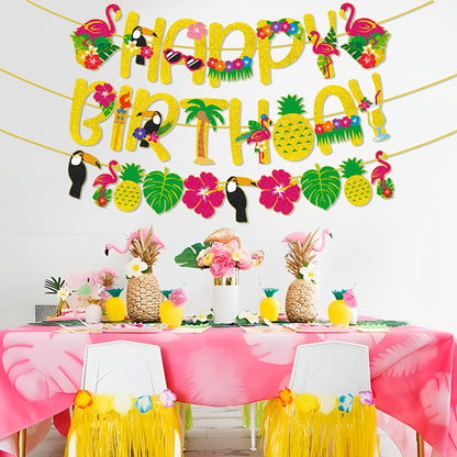 Hawaiian Tropical Happy Birthday Banner, Flamingo Pineapple Palm Tree Party Decoration for Summer Luau
