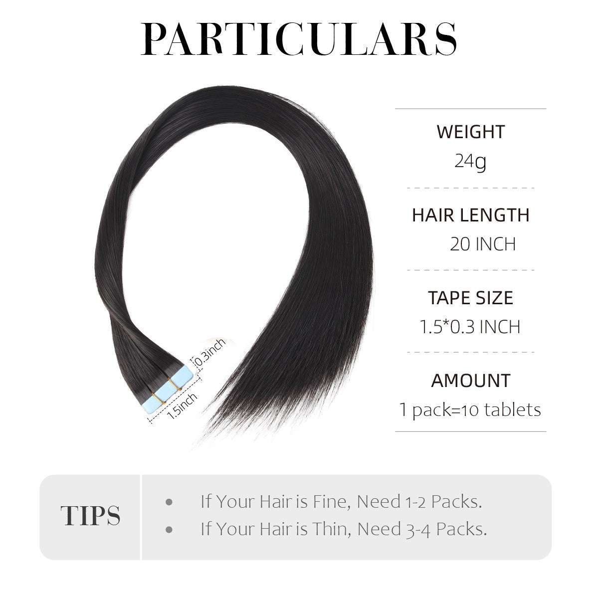 Fita de Cabelo Sintético para Mega Hair, 10 Peças, 50cm, Liso Longo, Trama Invisível, Alongamento Sem Emendas com Fita Invisível