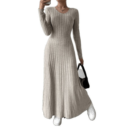 2025 Fashionable Knitted Long Sleeve A- Line Streetwear Dress For Women Smooths And Slims Your Silhouette Solid Color Long Dress