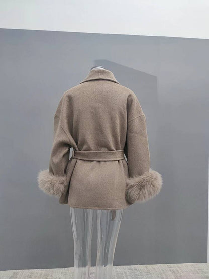 UCXQ Casaco Feminino Elegante OL para Escritório com Retalhos de Pelo Manga Comprida Lã Jaqueta de Roupa Feminina Bonita Outono Inverno 2025