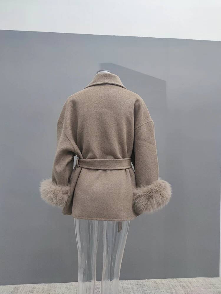 UCXQ Casaco Feminino Elegante OL para Escritório com Retalhos de Pelo Manga Comprida Lã Jaqueta de Roupa Feminina Bonita Outono Inverno 2025