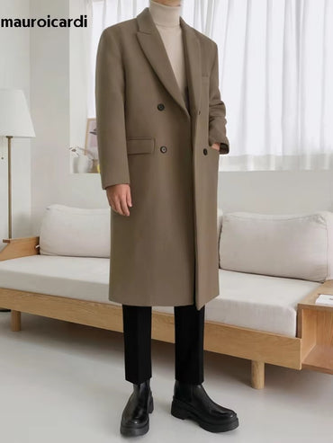 Mauroicardi Autumn Winter Long Warm Camel Black Woolen Coat Men Double Breasted Korean Style Wool Blends Overcoat with Back Slit
