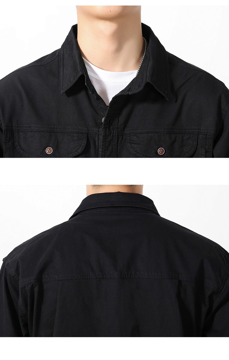 Men Slim Fit Turn-Down Collar Loose Cargo Shrit Spring Autumn Casual Wash Cotton Safari Style Jacket with Multiple Pockets Coat