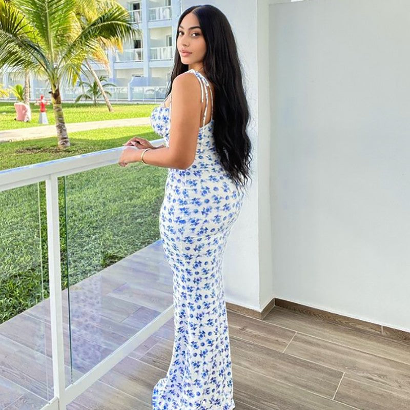 Hugcitar Floral Print Sleeveless Backless Slips Lace Up Maxi Dress Sexy Bodycon