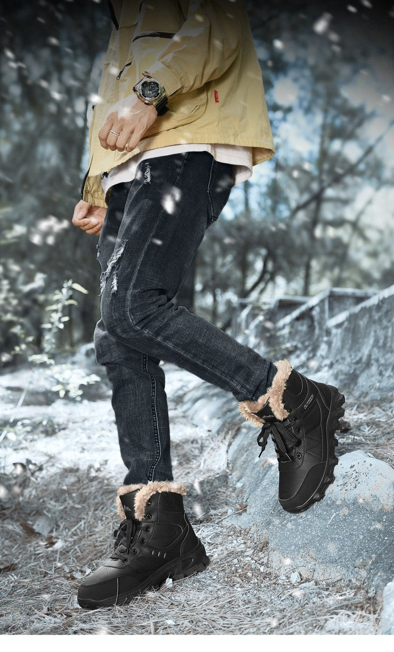 Botas de Neve de Inverno 2025 Masculinas Sapatos Outdoor Cano Alto Cadarço Antiderrapante Botas de Tornozelo Quente Confortáveis Pelúcia Sapatos Casuais Masculinos