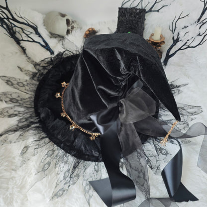 Handmade Lace Witch Pointed Hats Bandage Bow Wizard Hat Adult Gothic Lolita Cosplay Costume Accessories Halloween Party Hat