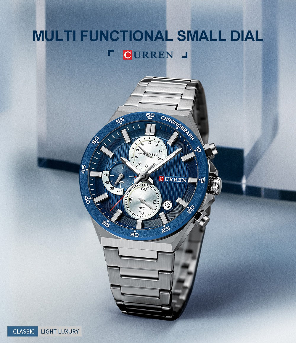 CURREN Classic 43mm Men's Watch Chronogrph Quartz Wristwatch with Stainless Steel Band Luminous Hands Auto Date