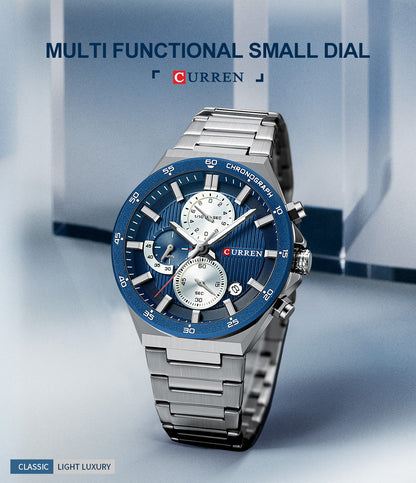 CURREN Classic 43mm Men's Watch Chronogrph Quartz Wristwatch with Stainless Steel Band Luminous Hands Auto Date
