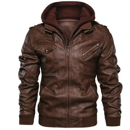 Men Jackets Fake Two Leather Jacket Double Zipper Removable Hooded Biker Leather Coat Male Cardigan Overcoat