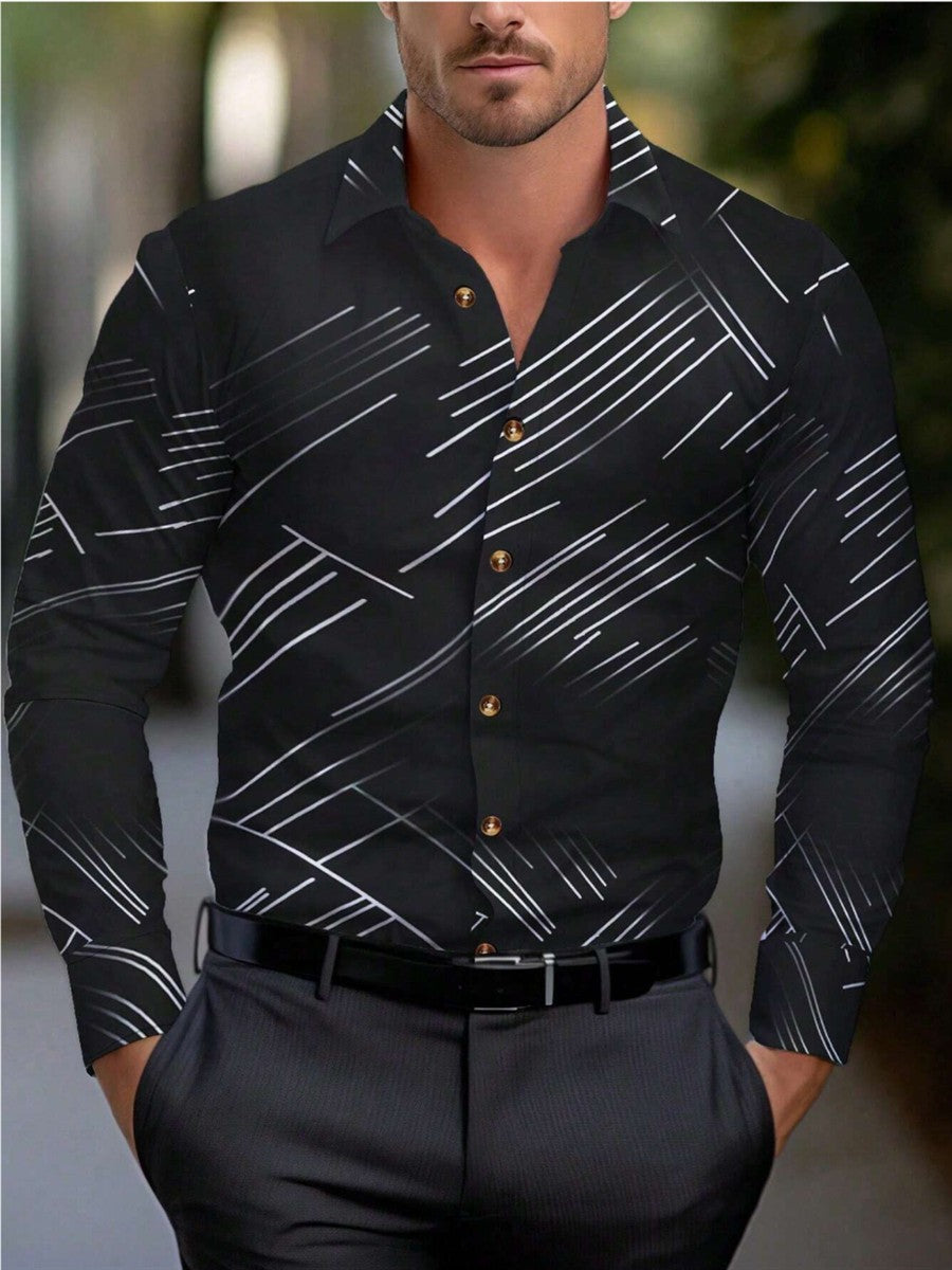 Men's round neck shirt long sleeved striped lapel casual shirt for spring, autumn, winter, and summer