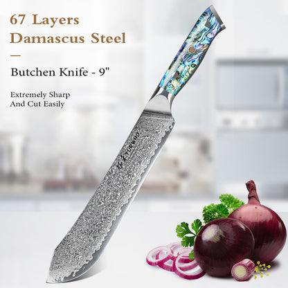 Faca de Cozinha TURWHO Japonesa de Aço Damasco de 67 Camadas com Cabo de Abalone Afiada Faca Santoku para Pão Bife Faca de Chef Ferramentas de Corte para Cozinha