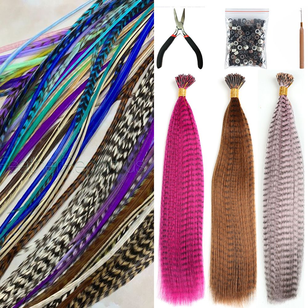 Extensão de Cabelo de Pena AZQUEEN 10 Peças Cabelo Falso I Tip Cabelo Sintético Arco-Íris 16 Polegadas Aplique de Pena para Extensão de Cabelo