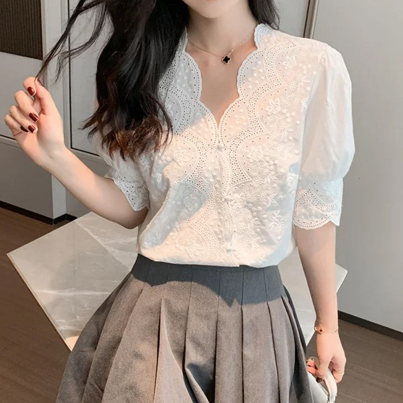 Summer Lace Embroidery Woman Blouse Fashion Hollow Out Stylish Elegant White Shirts Vintage Casual Half Sleeve Tops Blusas 13102