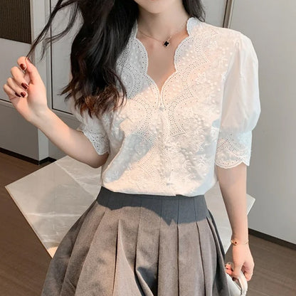 Summer Lace Embroidery Woman Blouse Fashion Hollow Out Stylish Elegant White Shirts Vintage Casual Half Sleeve Tops Blusas 13102