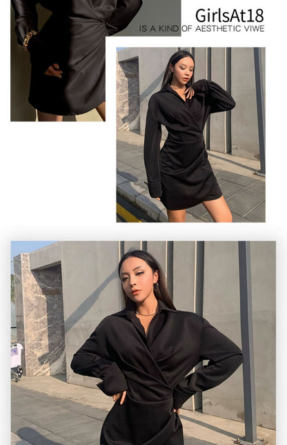 Onyx Shirt Dress Women Long Sleeve Belted Silhouette Autumn Winter Boss Lady Aesthetic Curve Flattering Minimalist PowerDressing