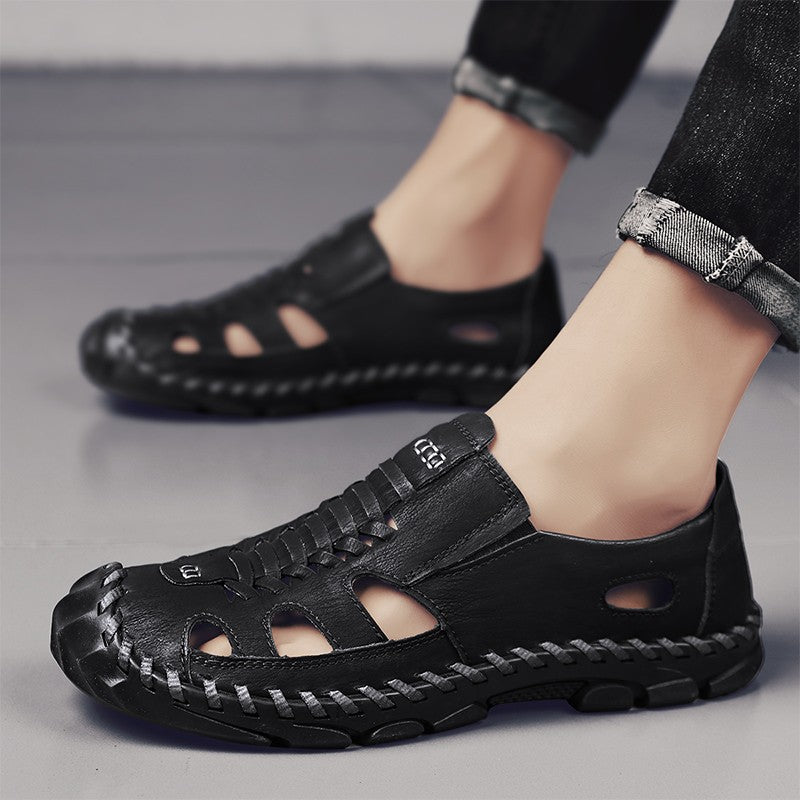 2025 New Men's Handmade Leather Sandals Flat Sandals Fashion Men's Suitable for Beach Vacation Summer Brown Non-slip Sandals