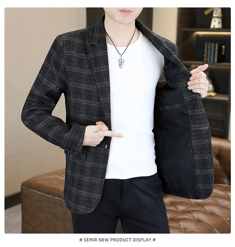 Blazer's New Men's Fashion Outdoor Travel Camping Youth Wedding Hosting Campus Slimming Casual Checkered Korean Version Blazer