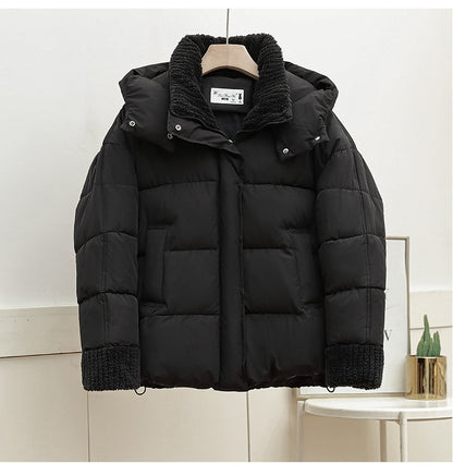 Lambswool Patchwork Thick Women Winter Coat 2025 New Fashion Hooded Puffer Jackets Cotton Padded Short Parkas