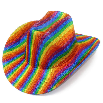 Striped Print Fedora Hats Cowboy Cowgirl Hat for Women Men Curl Wide Brim Western Bronzing Cloth Cap for Party Halloween Caps