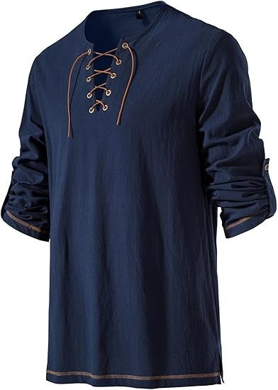 Men's Medieval Lace Up Tunic Shirt Renaissance Viking Pirate Costume Long Sleeve Retro Tops with Belt for Halloween Cosplay