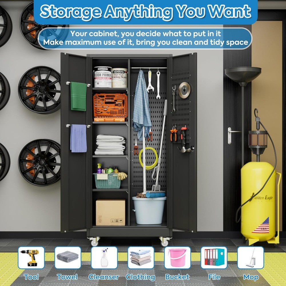 Garage Storage Cabinet with Wheels, Broom Closet Storage Cabinet with Pegboards and Adjustable Shelves, Metal Tool Cabinet