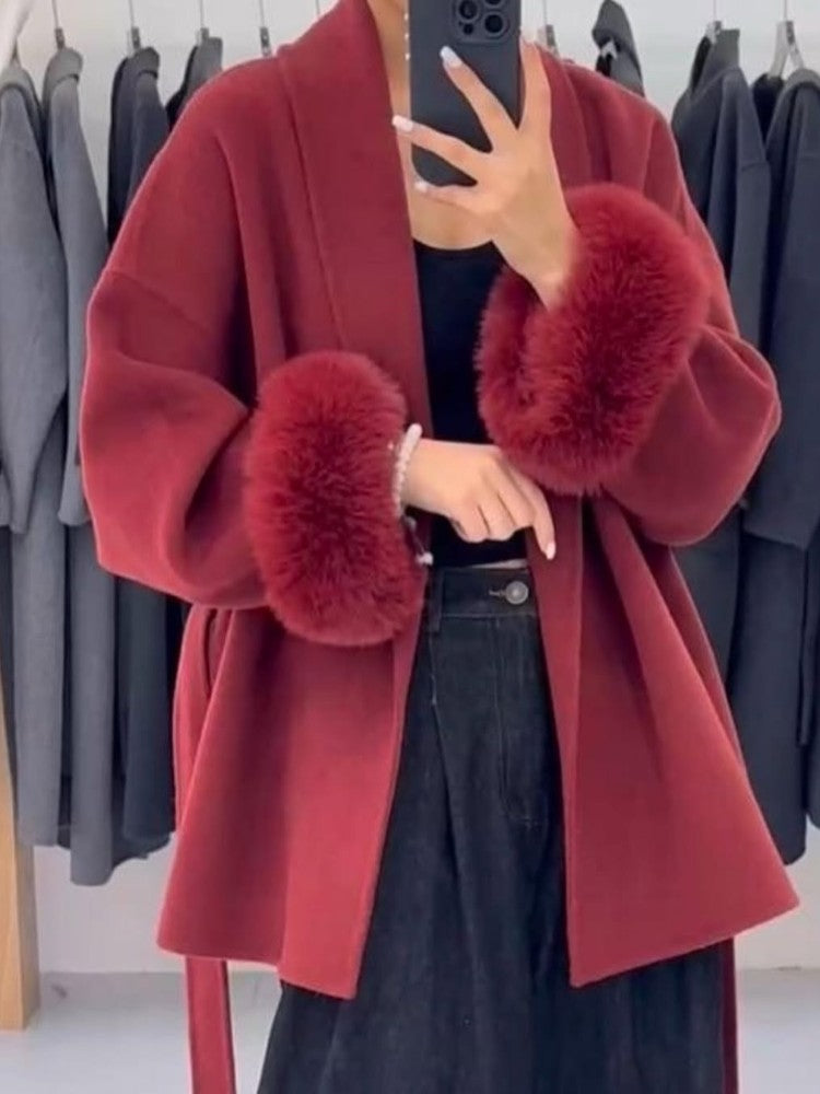 Casacos Curtos de Lã Elegantes com Cadarço Sólido Lapela Solta Cinto Peludo Manga Longa Jaqueta Feminina 2025 Outono Inverno Lady Chique Cardigãs