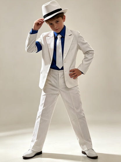 Kids Formal Themed Suit, Boys White Pinstripe Outfit with Hat and Tie