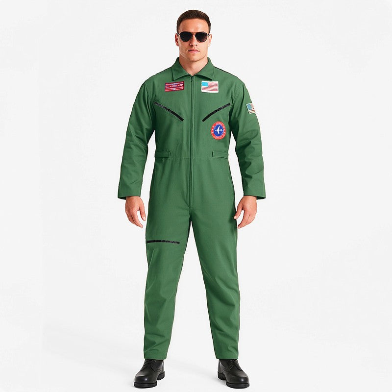 Men's Stylish Pilot Costume Air Force Pattern Jumpsuit Green Fighter Jet Outfit Halloween Costume Adult Masquerade Ball Carnival