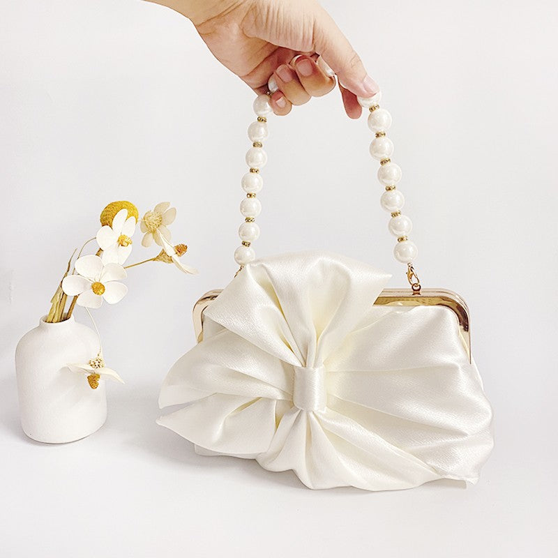 Fashion Bride Beige Women Satin Evening Banquet Clutch Bag Wedding Purse Party Bowknot Day Handbag Elegant Purse