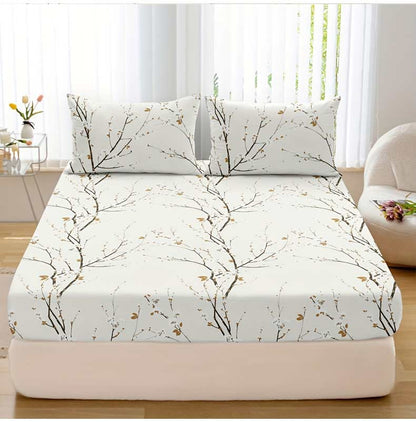 Conjunto de Lençol com Elástico Estampado 3 Peças (1 Lençol com Elástico + 2 Fronhas, Sem Enchimento)